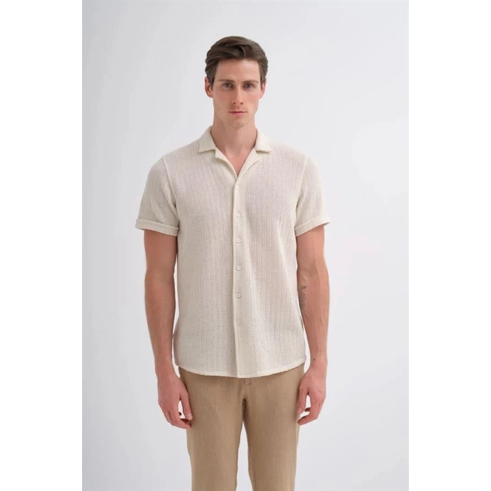 2002 Örme Apaş Yaka Kısa Kolle Erkek Gömlek Ekru