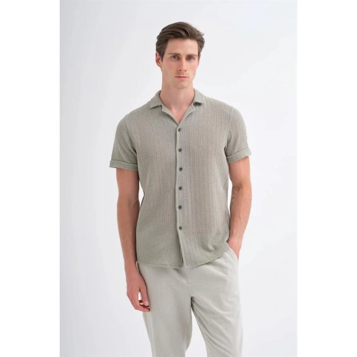 2002 Örme Apaş Yaka Kısa Kollu Erkek Gömlek Bej