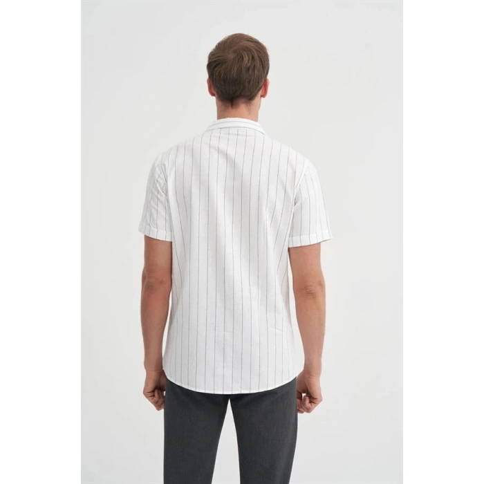 2019 Regular Fit Keten Kısa Kollu Erkek Gömlek BEYAZ