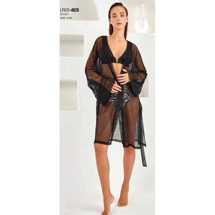 254828 Uzun Kollu Fileli Kadın Pareo Siyah