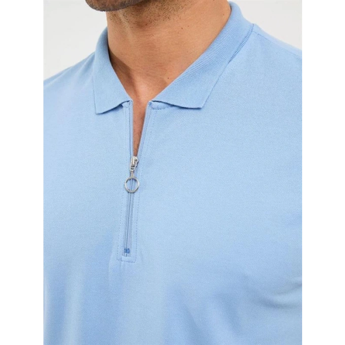 2570 Fermuarlı Polo Yaka Merselize Kumaş Kolu Ve Beli Lastikli Erkek TShirt Mavi