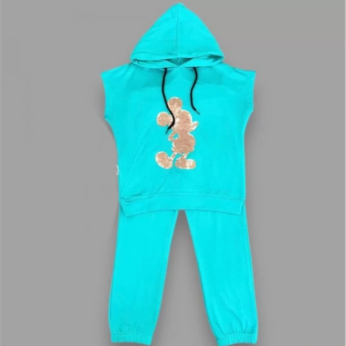 3-4-5 Yaş Kapşonlu Payetli Mickey Desenli Kısa Kol 2li Kız Erkek Çocuk Takımı Turkuaz