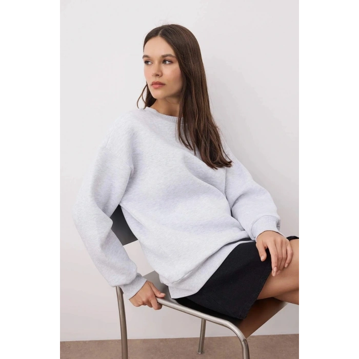 3 iplik şardonlu bisiklet yaka sweatshirt gri