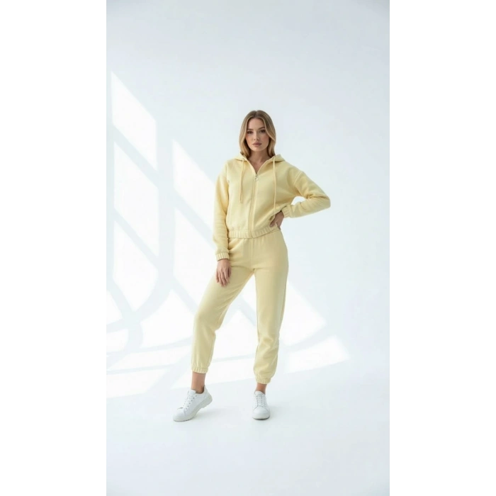 3 iplik şardonlu Kapşonlu fermuarlı kısa üst sarı pat8590