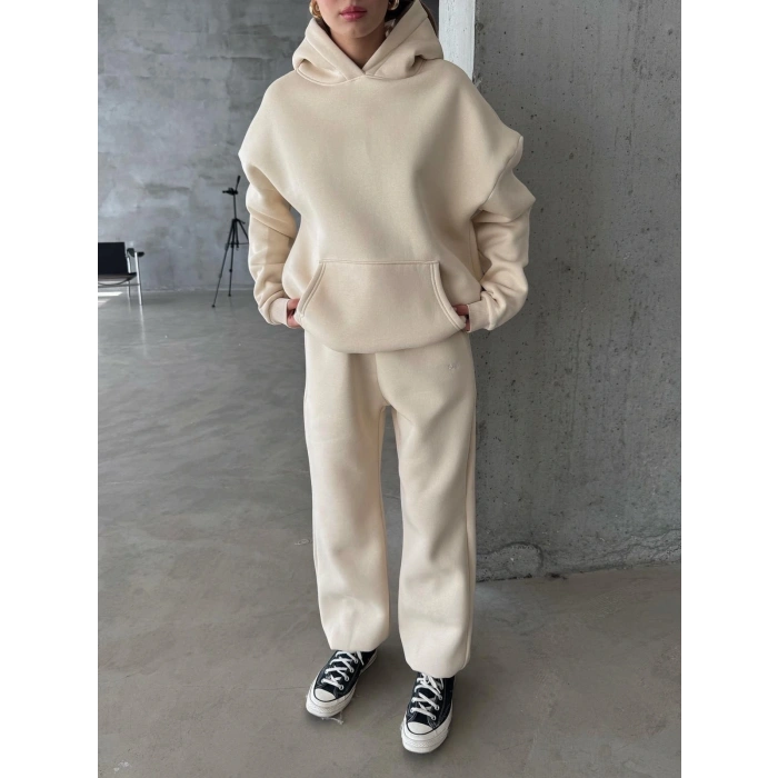 3 iplik şardonlu Lastik paça eşofman bej p510439