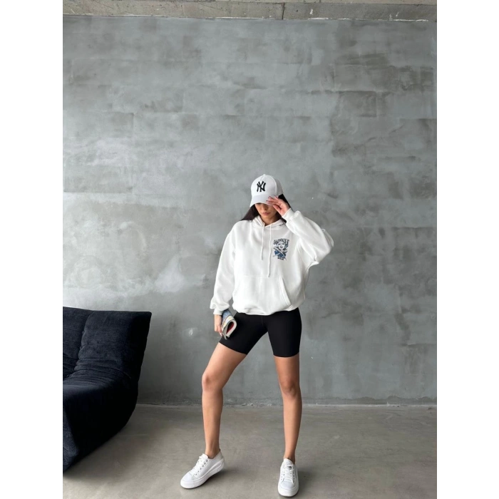 3 iplik şardonlu oversize compact kafa baskılı sweat beyaz