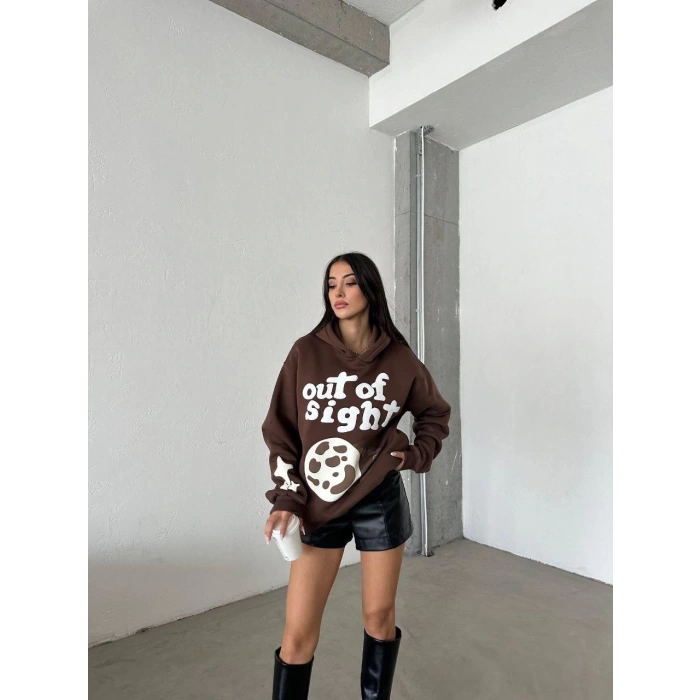 3 iplik şardonlu oversize compact out of baskılı sweat kahve