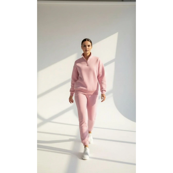 3 iplik Şardonlu yarım fermuarlı sweatshirt somon