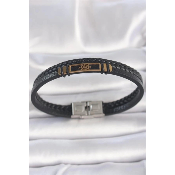 316L Çelik Gold Renk Gemi Dümeni Aksesuarlı Çift Sıra Burgu Desenli Deri Kordon Erkek Bileklik