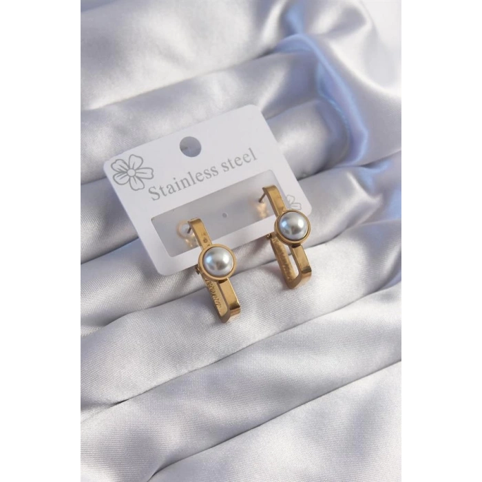 316L Çelik Gold Renk İnci Taşlı Dikdörtgen Model Küpe