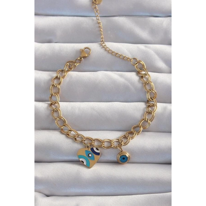 316L Çelik Gold Renk Nazarlı Kalp Model Zincir Bileklik