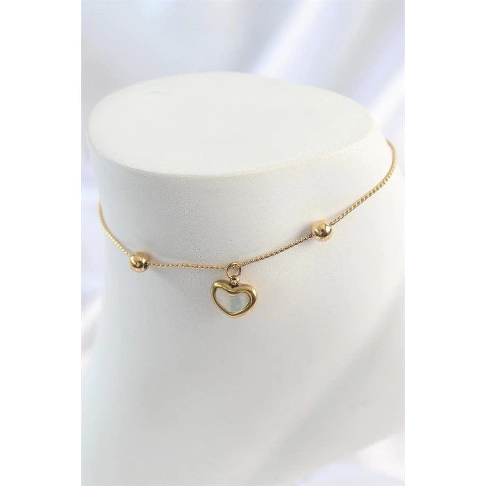 316L Çelik Gold Renk Sallantı Mineli Kalp Figür Topçuk Detay Kadın Halhal