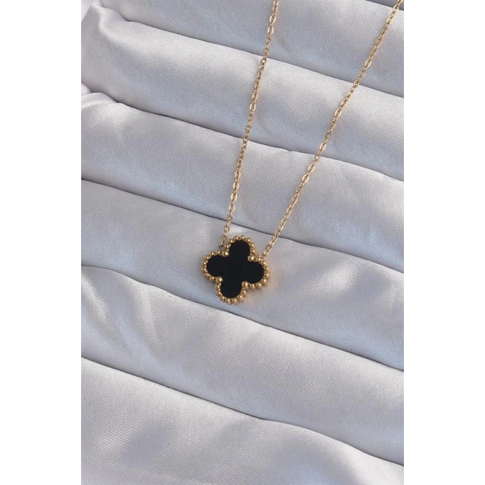 316L Çelik Gold Renk Siyah Mineli Yonca Kolye