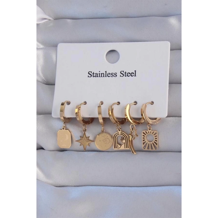 316L Çelik Gold Renk Yıldız Figürlü Tarot Model Halka Küpe Seti