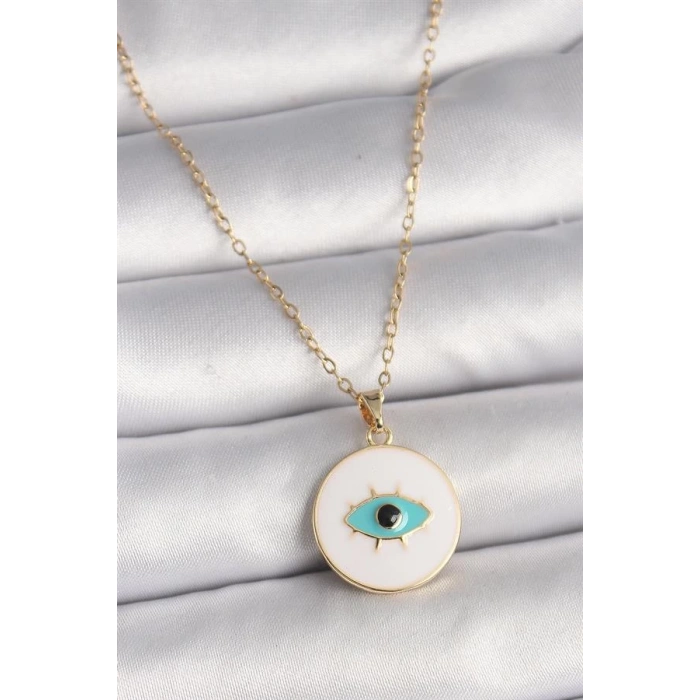 316L Çelik Gold Renk Zincir Beyaz Mineli Turkuaz Göz İşleme Model Kadın Kolye