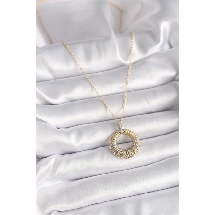 316L Çelik Gold Renk Zincir Gümüş Zirkon Taşlı Daire Model Kadın Kolye