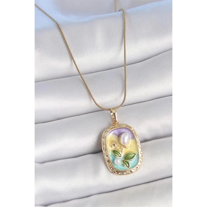 316L Çelik Gold Renk Zincir İncili Çiçek İşlemeli Portre Model Kadın Kolye