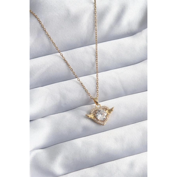 316L Çelik Gold Renk Zincir Zirkon Taşlı Kalp Model Kadın Kolye