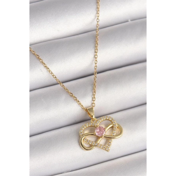316L Çelik Gold Renk Zincir Zirkon Taşlı Sonsuzluk Kalp Model Kadın Kolye