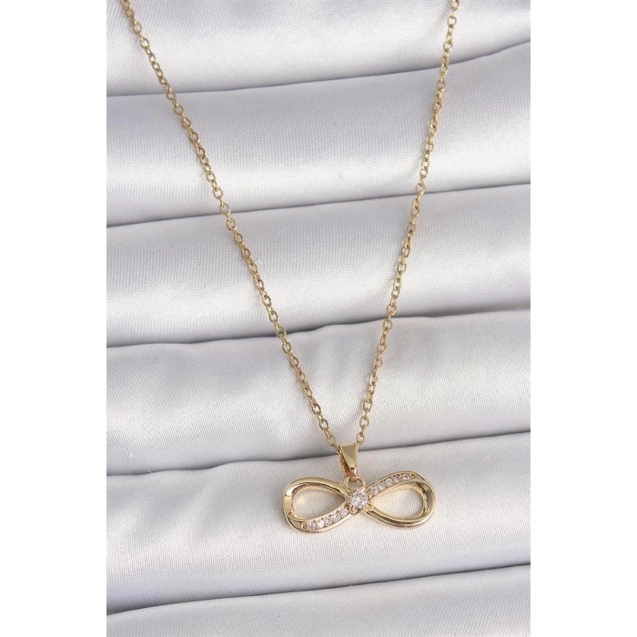 316L Çelik Gold Renk Zincir Zirkon Taşlı Sonsuzluk Model Kadın Kolye
