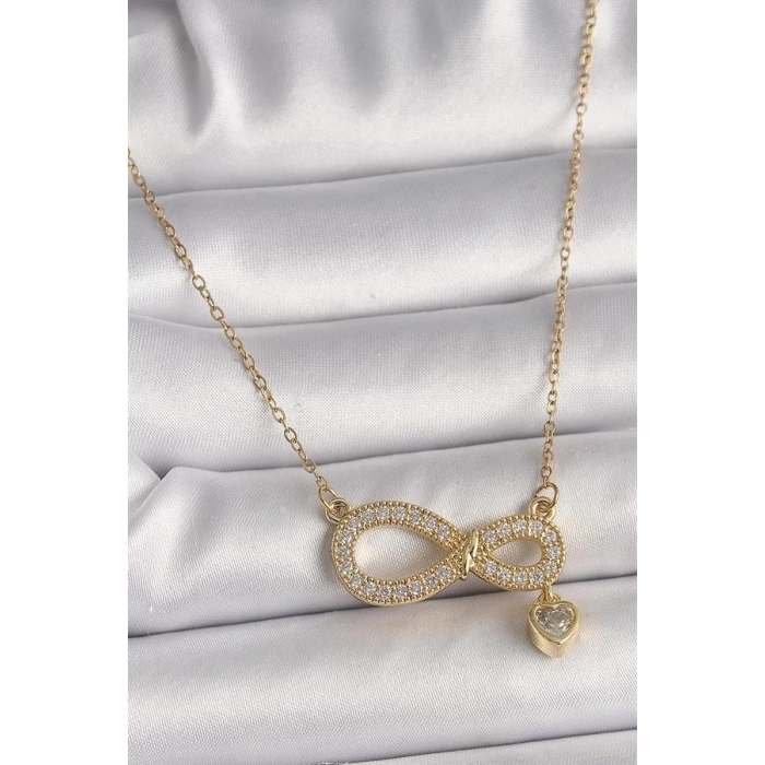 316L Çelik Gold Renk Zincir Zirkon Taşlı Sonsuzluk Model Sallantı Taşlı Kalp Detay Kadın Kolye