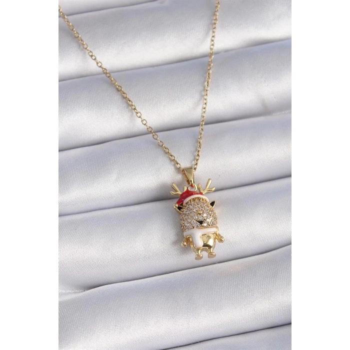 316L Çelik Gold Renk Zirkon Taşlı Yılbaşı Temalı Ren Geyiği Figür Kadın Kolye