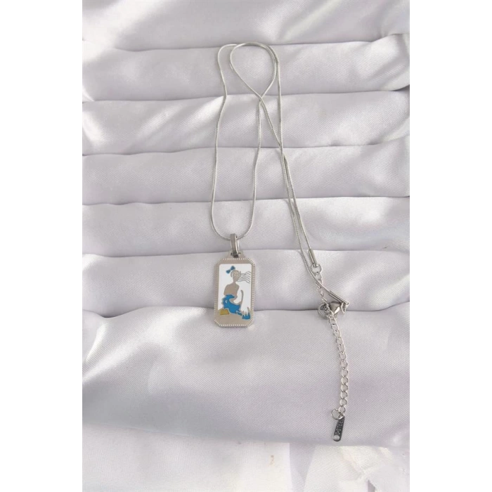 316L Çelik Gümüş Renk Beyaz Mineli Kız Figür Tarot Kolye