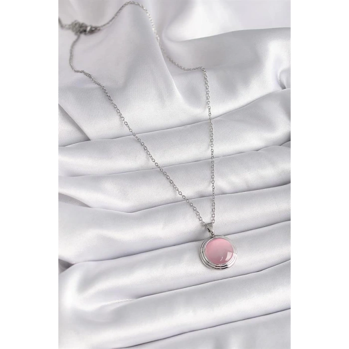 316L Çelik Gümüş Renk Daire Pembe Sedefli Model Kadın Kolye