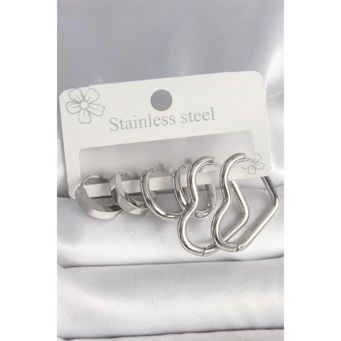 316L Çelik Gümüş Renk Halka Kalp Model Kadın Küpe Seti