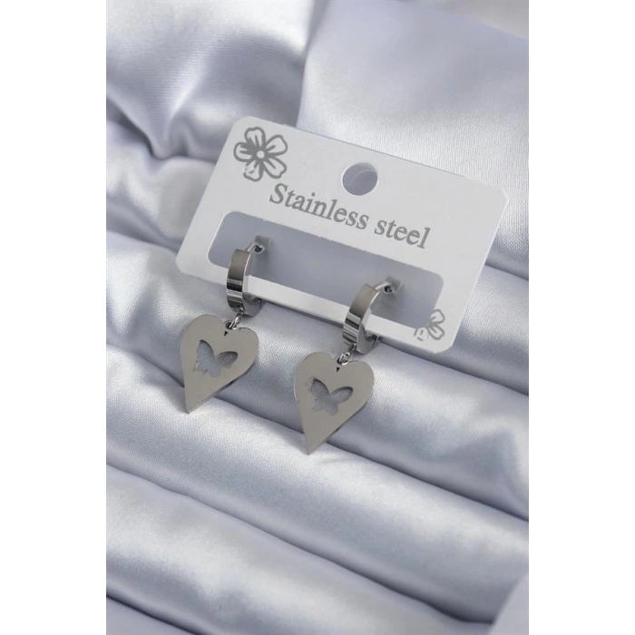316L Çelik Gümüş Renk Kalp Model Kelebek İşleme Kadın Küpe