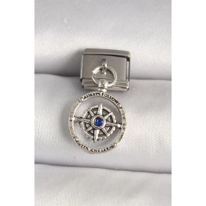 316L Çelik Gümüş Renk Mavi Taş Detaylı Pusula Model Nomination Charm