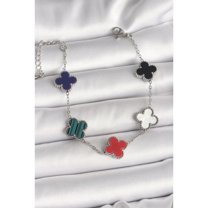 316L Çelik Gümüş Renk Renkli Yonca Model Kadın Bileklik