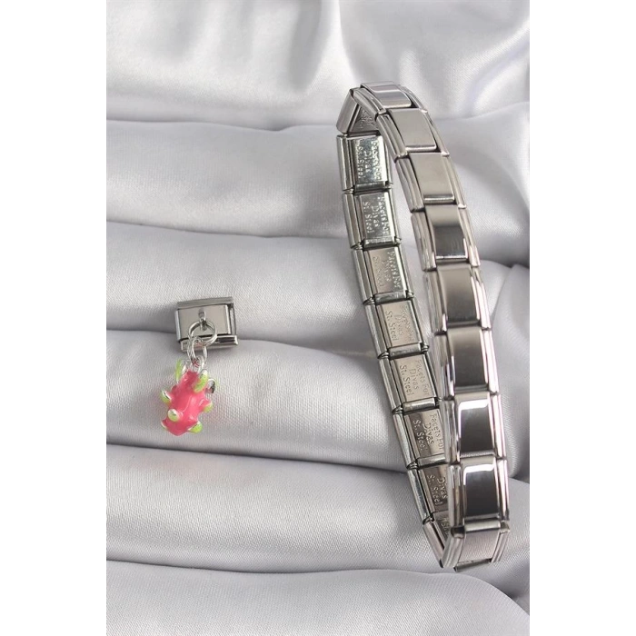 316L Çelik Gümüş Renk Sallantı Ejder Meyvesi Model Nomination Charm