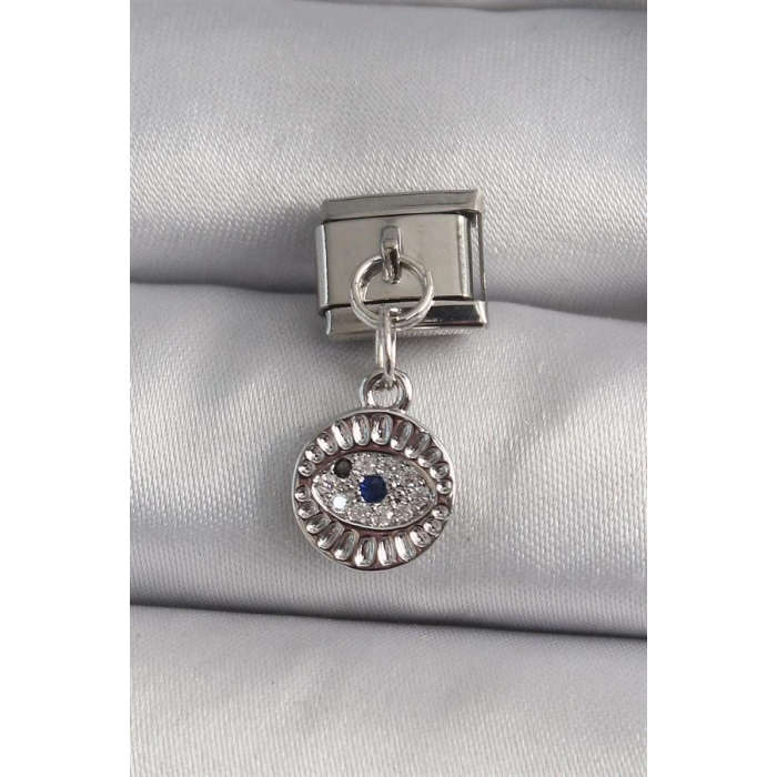 316L Çelik Gümüş Renk Sallantı Zirkon Taşlı Göz Model Nomination Charm