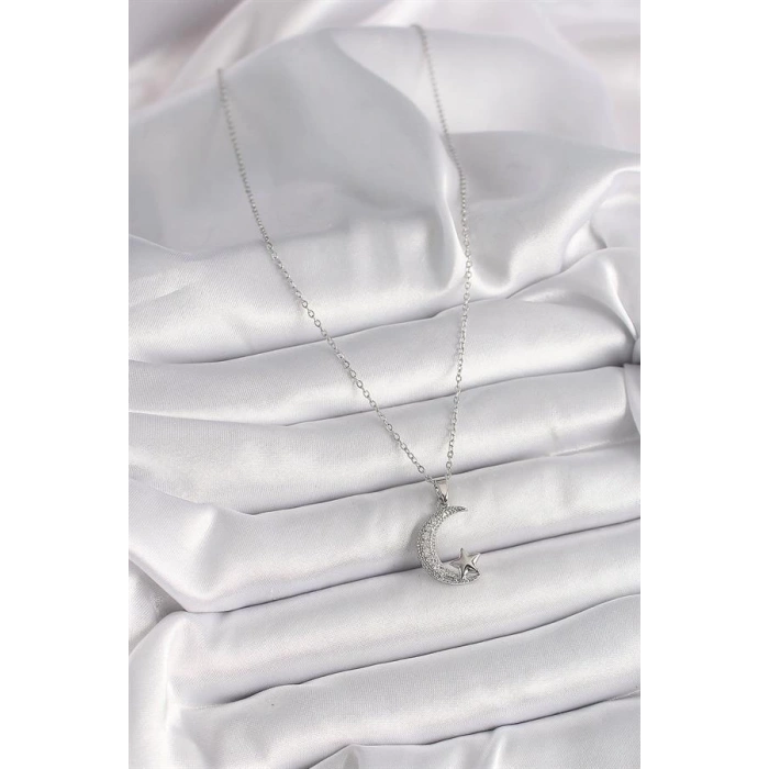 316L Çelik Gümüş Renk Zincir Zirkon Taşlı Hilal Model Yıldız Detay Kadın Kolye