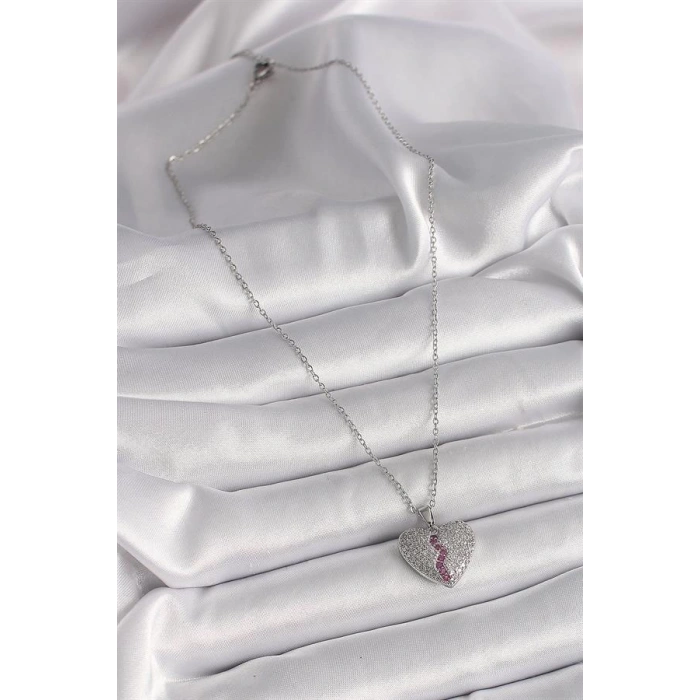 316L Çelik Gümüş Renk Zincir Zirkon Taşlı Kalp Model Kadın Kolye