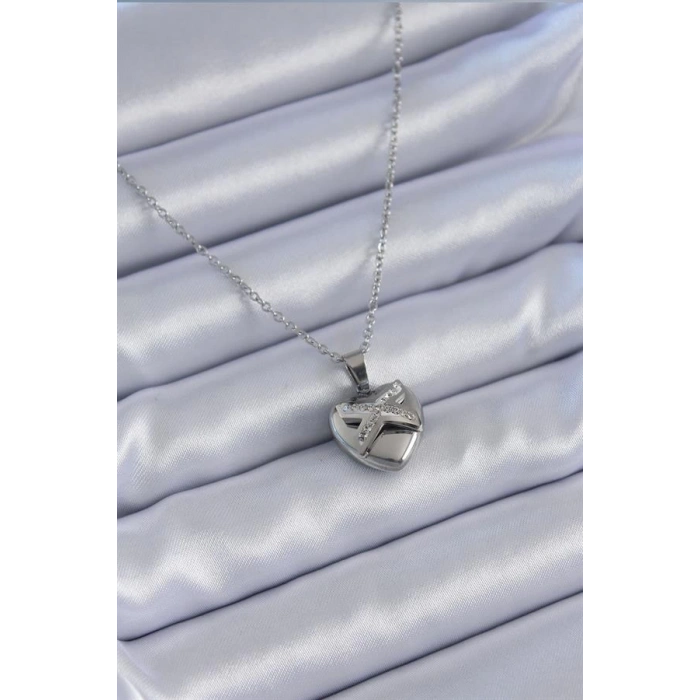 316L Çelik Gümüş Renk Zirkon Taşlı Kalp Model Kadın Kolye