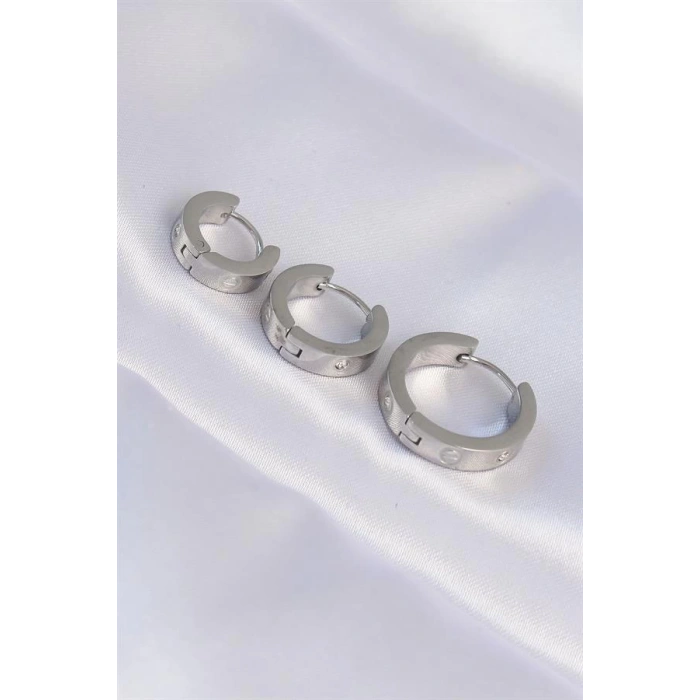 316L Çelik Gümüş Renk Zirkon Taşlı Model 3lü Halka Küpe