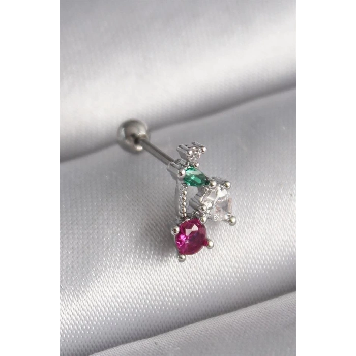 316L Çelik Gümüş Renk Zirkon Taşlı Tragus Piercing