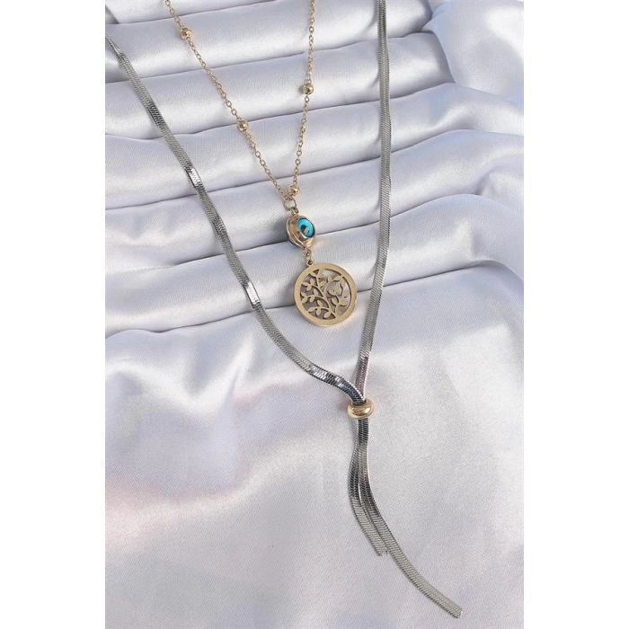 316L Çelik Mix Renk Filiz Figür Nazar Boncuk Detay Uzun Kadın Kolye