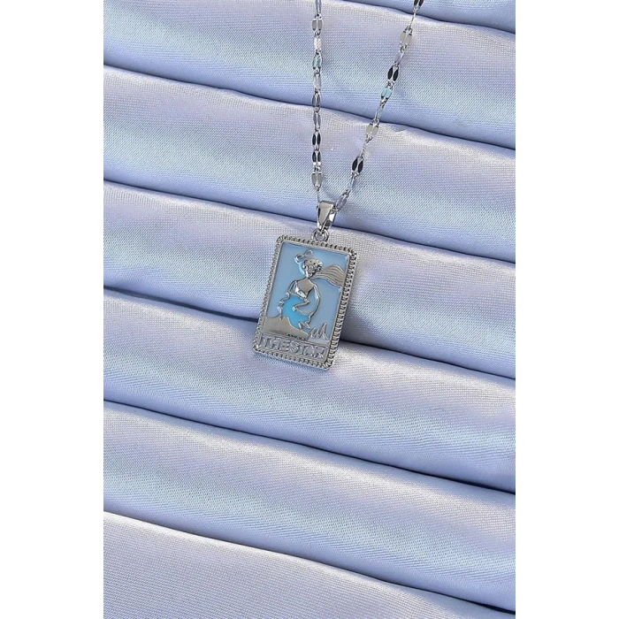 316L Çelik Zincir Gümüş Renk Mavi Mineli Tarot Kolye
