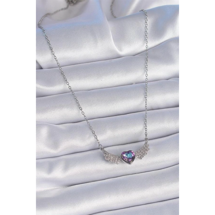 316L Çelik Zincir Gümüş Renk Mor Zirkon Taşlı Kanatlı Kalp Model Kadın Kolye