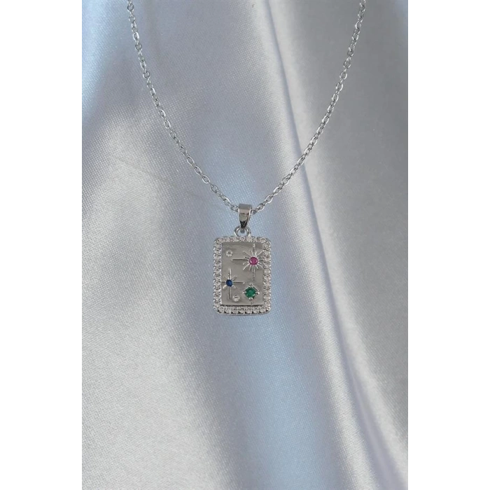 316L Çelik Zincir Gümüş Renk Renkli Zirkon Taşlı Vintage Kolye