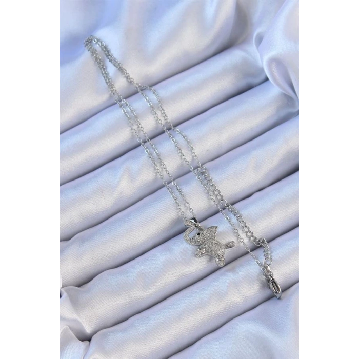 316L Çelik Zincir Gümüş Renk Zirkon Taşlı Fil Kolye