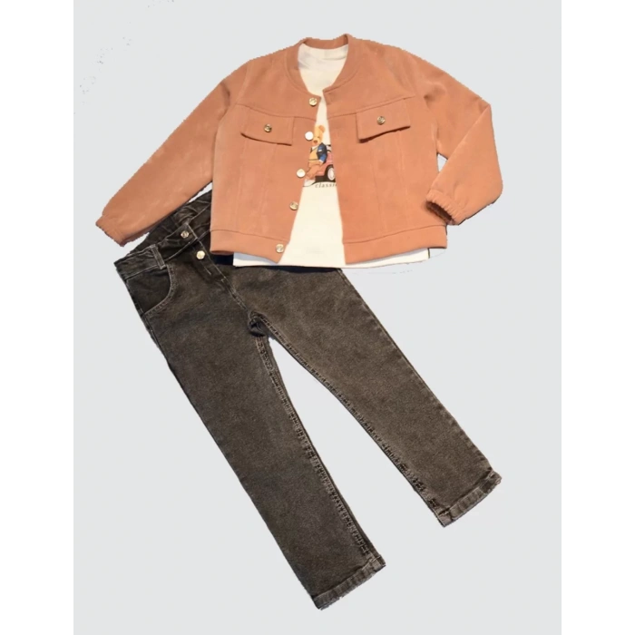4-5-6 Yaş Kot Pantolonlu Nubukceketli Uzun Kollu Penye Sweat 3lü Erkek Çocuk Takımı Kiremit