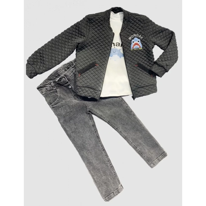 4-5-6 Yaş Kot Pantolonlu Pilot Mont Uzun Kollu Penye Sweat 3lü Erkek Çocuk Takımı Füme