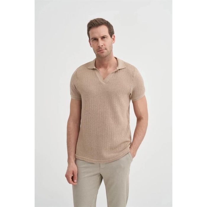 4012 Örgü Polo Yaka Erkek TShirt Bej