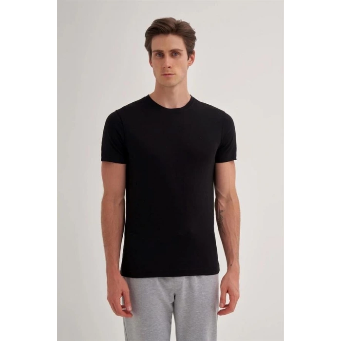 4602 Flamlı Basic Bisiklet Yaka Erkek T-Shirt Siyah