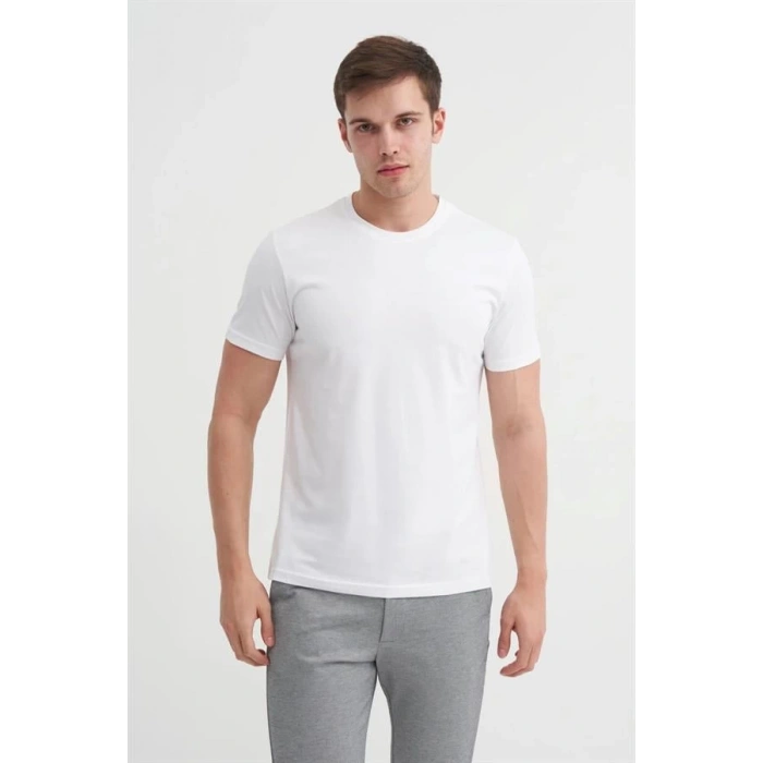 4623 Bisiklet Yaka Basıc Erkek T-Shirt Beyaz