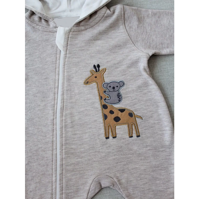 6-9 9-12 Ay Ef Çizgi Boy Fermuarlı Zürafa Nakışlı Kapşonlu Kız Erkek Bebek Tulumu Kahvemelanj